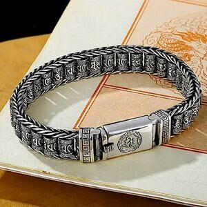 Stainless Steel Chain Link Bracelet, Mantra, Curb Hand Woven Engraved